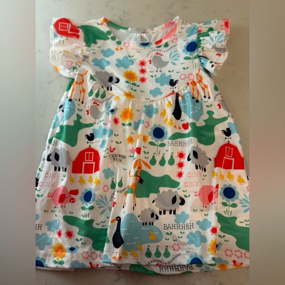 Girls XXS Colorful Farm Animals Print Dress Ruffle Sleeve 🐷🐓🐑🚜🌾🐮